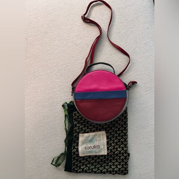 Soruka Pink, Teal, Maroon & Gray Crossbody Purse w/ Dusting Bag. NWOT - Picture 1 of 12